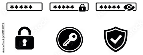 Modern glyph icon set featuring password input fields, a lock, a key, and a security shield for digital protection and user authentication