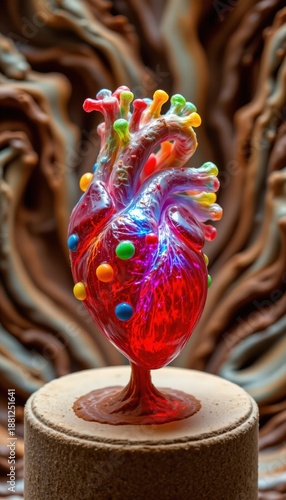 Translucent Gummy Candy Heart on Velvet Pedestal with Chocolate Swirl Background: Scientific Yet Silly Valentine's Day Concept