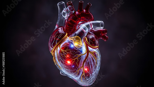 Close-up view of a detailed, illuminated human heart with glowing electrical signals pulsing through its arteries and chambers