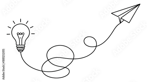 Hand drawn line art illustration of a light bulb and paper airplane depicting an idea taking flight for creative thinking