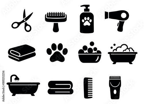Silhouette pet grooming icon set featuring scissors, shampoo, paw prints, and bathtubs for animal care business