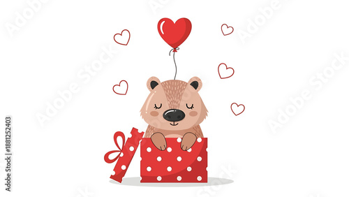 Cute Bear in Gift Box with Heart Balloon.