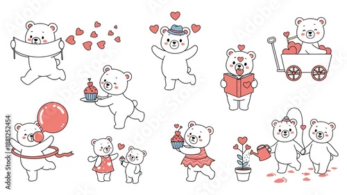 Cute cartoon bears in various playful poses and activities.