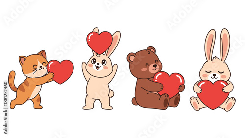 Cute cartoon animals holding red hearts for Valentines Day.