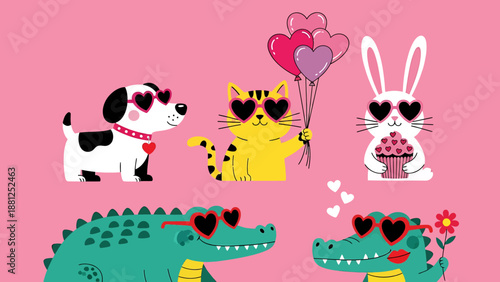 Cute cartoon animals wearing heart shaped sunglasses celebrating love.
