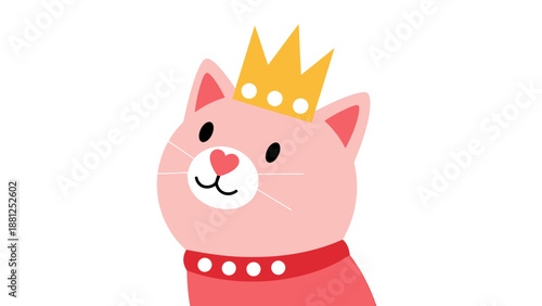 Cute Pink Cat Wearing a Golden Crown and Red Collar.