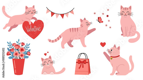 Cute Pink Cats Valentine Themed Illustrations Collection.