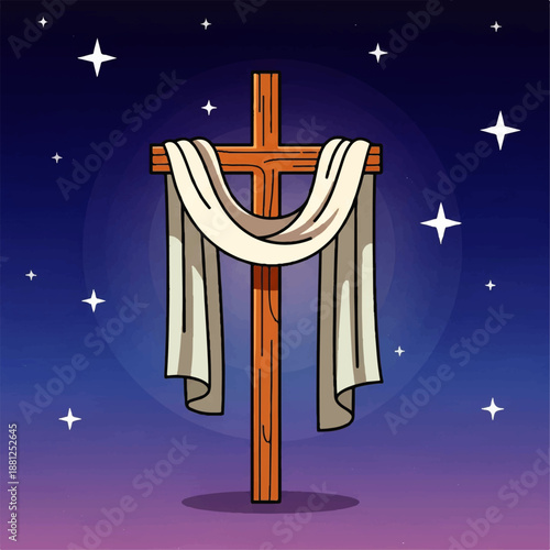 Vector flat design illustration of a wooden cross draped with a white cloth against a starry night sky with a gradient of purple and blue hues.