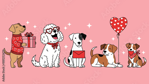 Five cute dogs celebrating Valentines Day with gifts.