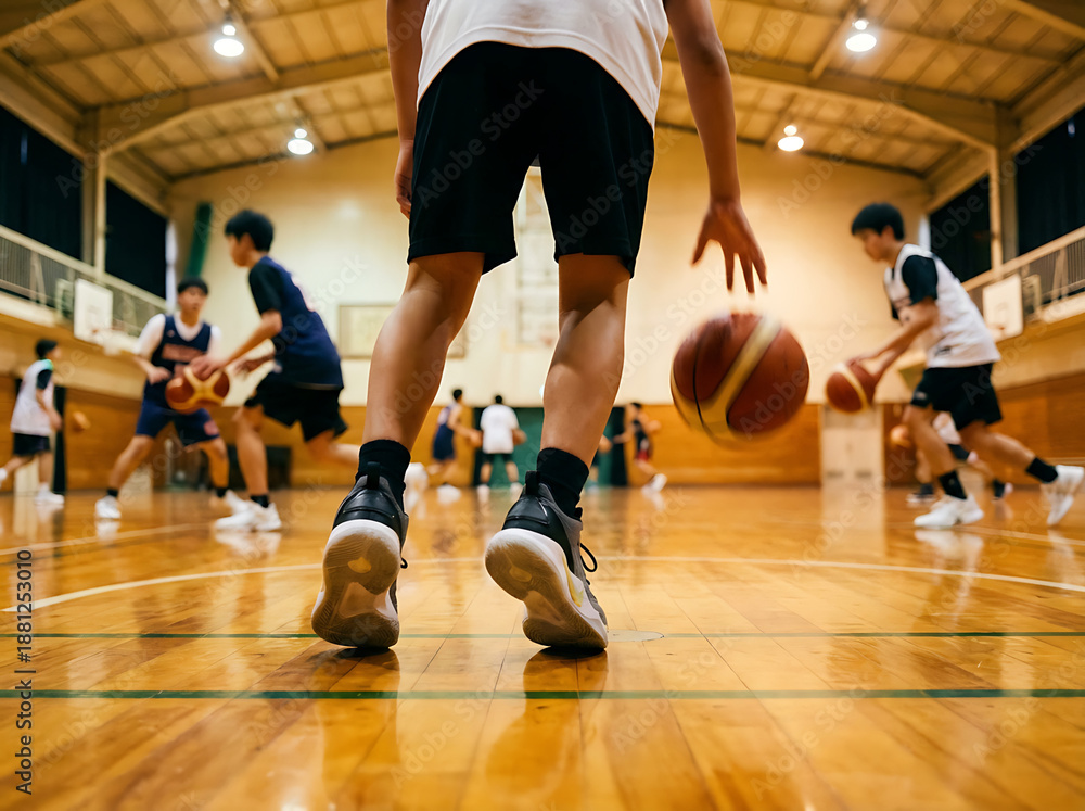Fototapeta premium Junior level basketball player bouncing basketball. Young basketball player with classic ball. Basketball training session for youth. School sports class