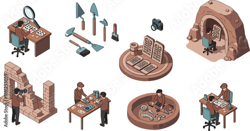 Archaeology illustration, excavation tools, artifact analysis, ancient tablets, fossil dig, cave inscriptions, research documentation, history study, cultural heritage, discovery