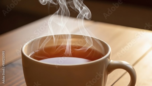 Hot Herbal Tea in Ceramic Cup with Clear Amber Liquid and Steam, Photorealistic Image on Wooden Table