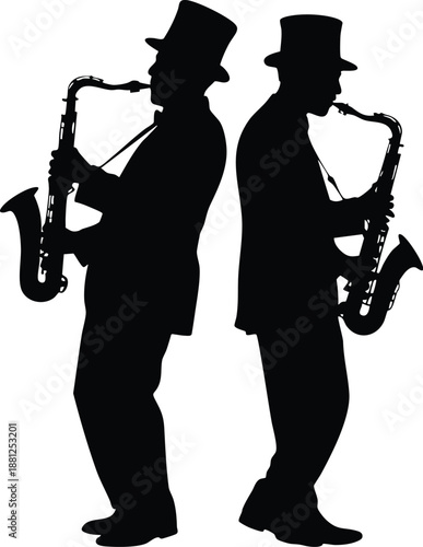 Jazz Saxophonist Duo Silhouette, Vintage Big Band Musicians Illustration, vector, illustration, silhouette