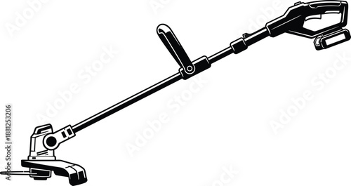 Cordless electric string trimmer, lawn care tool, garden maintenance equipment, battery powered design, protective guard, cutting line illustration
