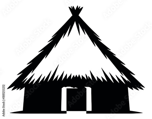 Graphic illustration of a thatched hut depicting a traditional shelter design for architectural concepts