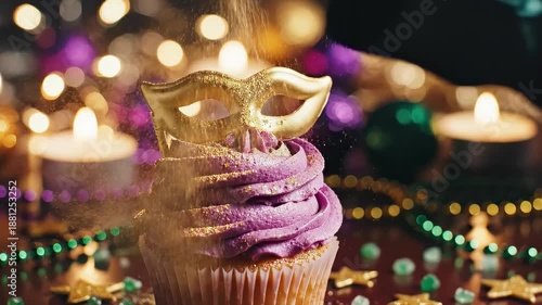 Hand placing golden mask decoration on purple frosted cupcake, followed by sprinkling edible glitter, showcasing festive dessert preparation with vibrant colors and celebratory elements in a joyful 