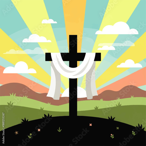 Vector flat design illustration of a cross with a white cloth draped over it, standing on a hill with sun rays shining through clouds in the background.
