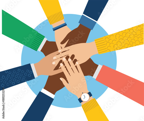 Diverse hands joining together, teamwork unity illustration, multicultural collaboration concept, solidarity symbol, inclusive cooperation design, group support circle
