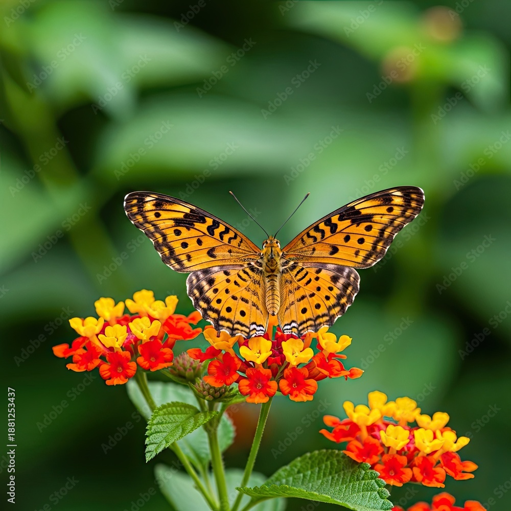 Obraz premium A beautiful orange butterfly with black spots perched on colorful flowers in a garden setting