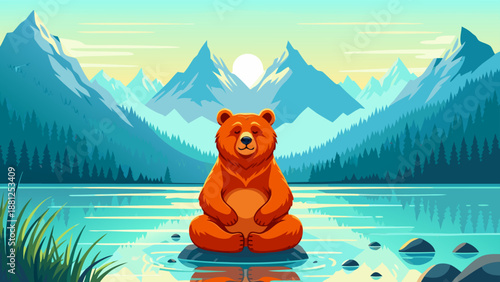 Serene vector illustration of a meditating bear in a peaceful lake landscape viewpoint
