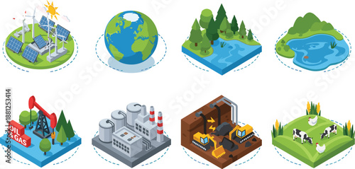 Environmental illustration, renewable energy, solar panels, wind turbines, oil extraction, industrial factory, mining operation, agriculture, ecosystem, sustainability, nature