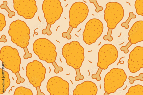 Cute vector background pattern featuring crispy fried chicken pieces, playful food style expressing tasty vibes, comfort food joy, fun design mood, and delicious fast food atmosphere.