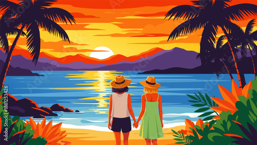Vector illustration of a couple holding hands, walking on the beach at sunset, surrounded by palm trees and tropical foliage, viewed from behind.
