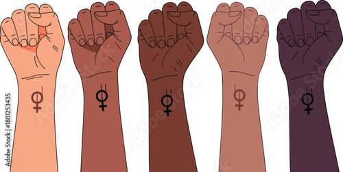 Feminist symbol illustration, raised fists, women empowerment, gender equality, solidarity, diversity, activism, social justice, strength, unity, inclusivity, protest