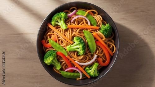 Overhead Shot of Mixed Vegetable Noodles in Dark Ceramic Bowl, Glossy Noodles and Colorful Vegetables, Photorealistic