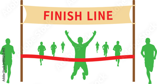 Finish, line, marathon, race, runners, winning, success, competition, sport, athlete, celebration, victory, achievement, goal, silhouette, illustration, isolated, white, background, vector