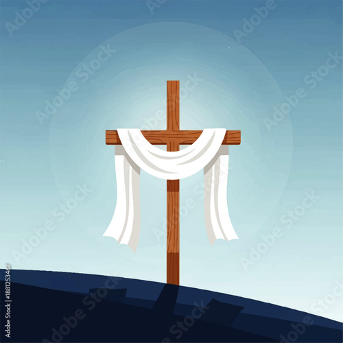 Vector flat design illustration of a Christian cross with a white cloth draped over it, set against a blue sky with a subtle glow, on a hill with stairs leading up to it.