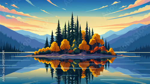 A serene island with trees in vector illustration, surrounded by calm waters and majestic mountains at sunset