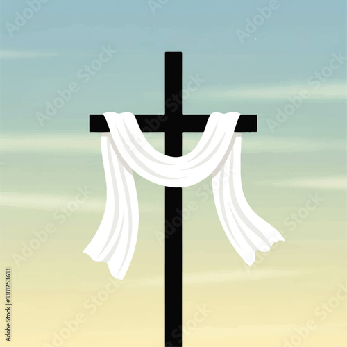 Vector flat design illustration of a black cross with white cloth draped over it against a serene gradient sky background.