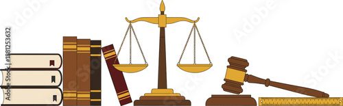 Law and justice symbols, legal books, balance scale, judge gavel, sound block, ruler, fairness concept, judicial authority, legal study, justice