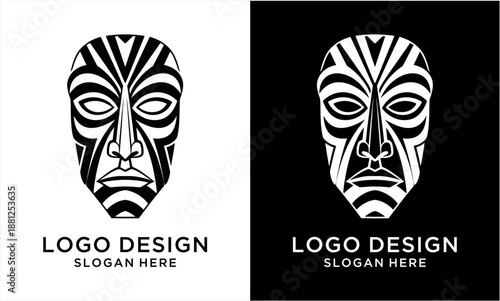 Abstract tribal mask logo design with intricate patterns.