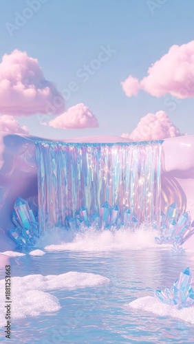 A dreamy and whimsical 3D landscape featuring a shimmering iridescent waterfall cascading into a calm pool surrounded by crystals and pastel pink clouds