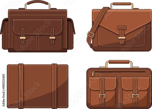 Leather briefcase collection, brown bags, fashion accessories, office gear, vintage style, buckled straps, zipper pockets, shoulder strap, stitched design
