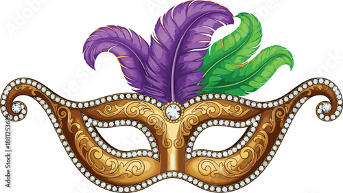 Masquerade mask illustration, ornate gold design, gemstone border, feather decoration, Mardi Gras, carnival, festive art, celebration, luxury, tradition