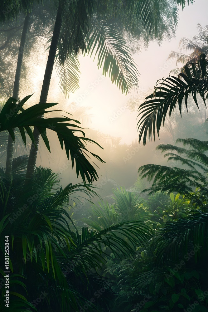 Fototapeta premium Dense jungle foliage with soft dawn light and fog forest