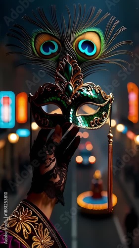 Elegant hand holding ornate masquerade mask adorned with peacock feathers, showcasing intricate details against vibrant street scene with illuminated signs and festive atmosphere in the background