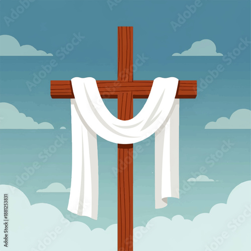Vector flat design illustration of a brown wooden cross with a white cloth draped over it, set against a serene blue sky with fluffy clouds.