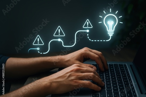 Illumination amidst Challenges: A person's hands diligently navigating a laptop, the interface illustrating the complex journey from early challenges to the bright bulb of innovative thought