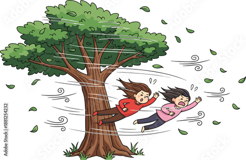Strong wind storm illustration blowing people from tree, extreme weather concept, hurricane gust danger, nature disaster cartoon vector artwork