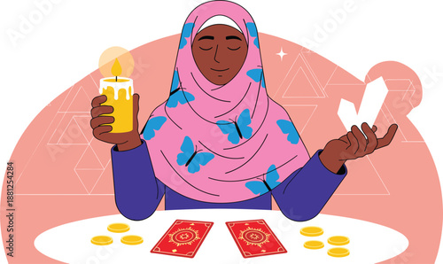 Tarot reading, spiritual focus, candle ritual, crystal healing, hijab woman, meditation, divination table, mystic symbols, introspection, energy balance