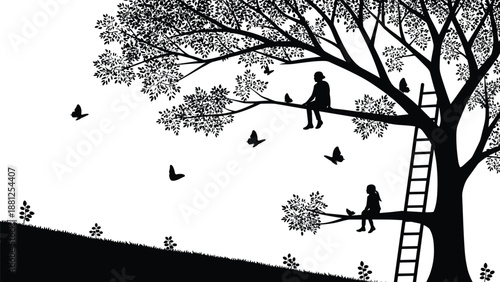 Tree silhouette, people sitting on branches, ladder leaning, birds flying, butterflies fluttering, serene nature scene, peaceful atmosphere, contemplative artwork, black illustration, tranquility