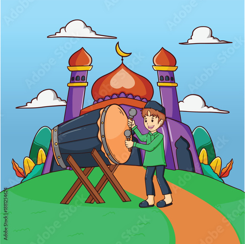 A young Muslim boy joyfully plays a traditional bedug drum, preparing for the festive occasion of Eid al-Fitr.