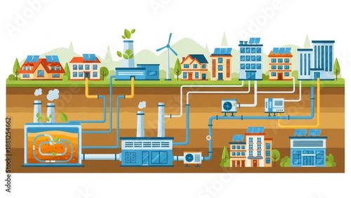 Sustainable District Heating Energy Distribution System Connecting Buildings in Modern City Vector