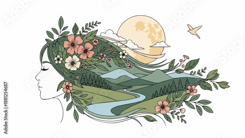 Womans profile with landscape in her hair and moon.