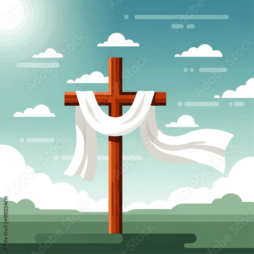 Vector flat design illustration of a brown wooden cross with white cloth draped over it, set against a serene blue sky with fluffy white clouds and sunshine.