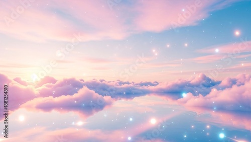 A dreamy and ethereal landscape of soft pink and purple clouds under a pastel blue sky, illuminated by magical glowing sparkles.